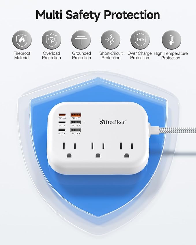 PD45W USB C Travel Power Strip, Cruise Power Strip with 6 USB(3 USB C) Ports and 3 Outlets, 5Ft Flat Plug Braided Extension Cord, 45W Fast Charging Station for MacBook Laptops iPad Pro iPhone Samsung