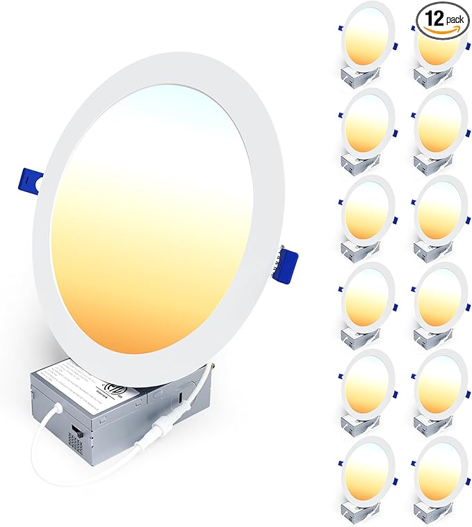 Ensenior 12 Pack 8 Inch LED Recessed Ceiling Light, Dimmable, 2700K-5000K 5CCT, 1600LM 18W 120V, High Brightness Canless Wafer Downlight - ETL&FCC&IC