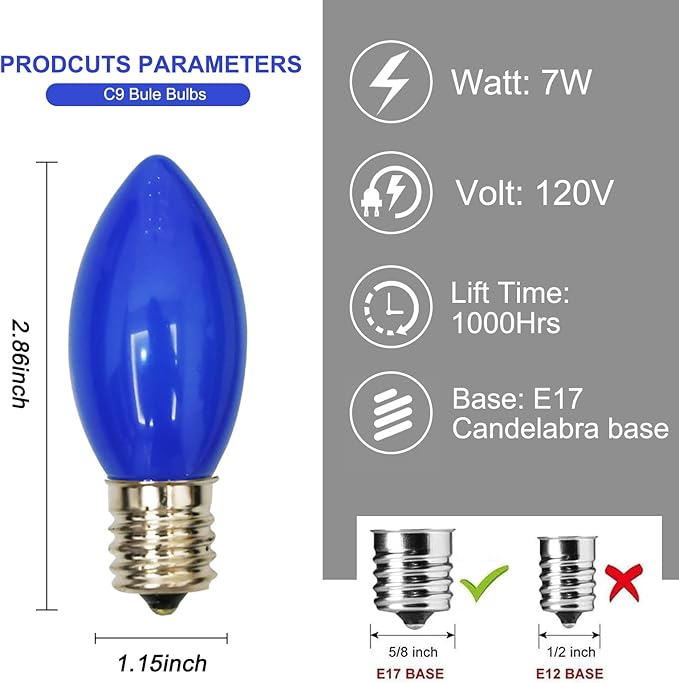 Abeja 25 Pack Blue Replacement C9 Bulbs, Fits C9/E17 Base, Outdoor String Lights, Candle Lamps, Night Lights