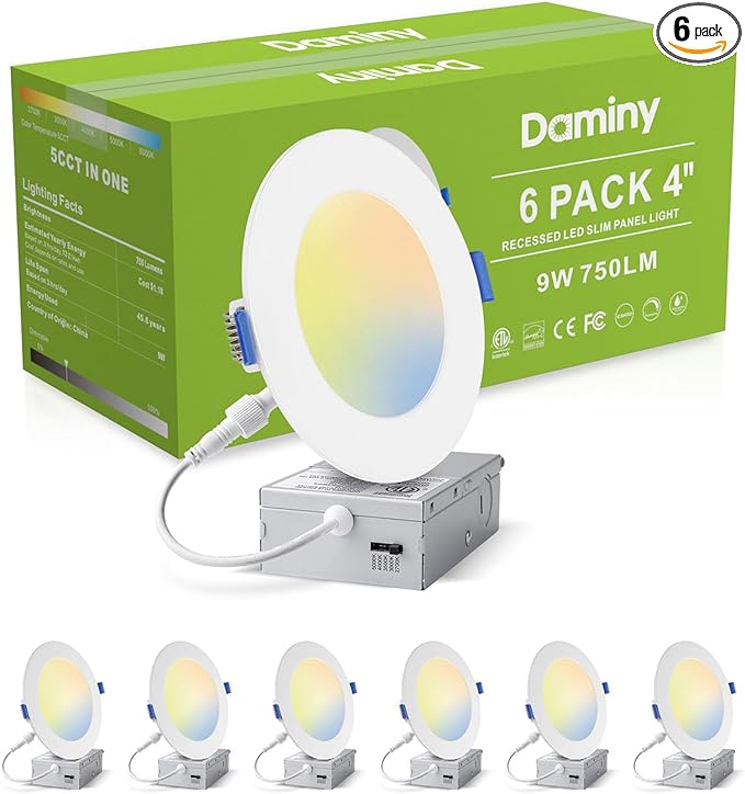 DAMINY 6 Pack 4 Inch LED Recessed Lighting with Junction Box,5CCT,Ultra-Thin Recessed Light,9W 750lm, Dimmable Canless Wafer Ceiling Light,High Brightness - ETL