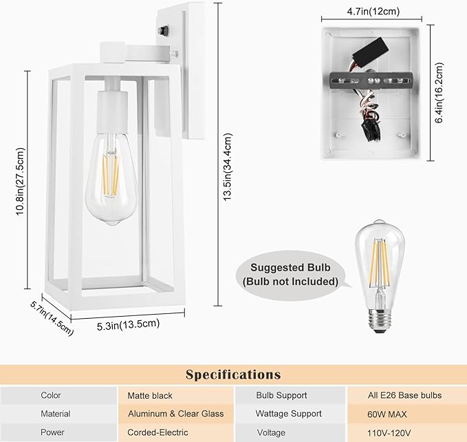 Dusk to Dawn Outdoor Lighting Fixtures Wall Mount, Sensor Exterior Wall Lights for House, Anti Rust Porch Light, White Sconce Lamp, Waterproof Wall Lantern for Doorway, Garage, 2-Pack