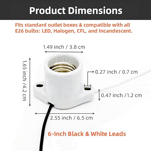 4-Pack E26 Ceramic Light Sockets - 600V 660W Heat-Resistant Lamp Holder with 2-Hole Flange Mount & 6" 18AWG Wire for Garage/Closet Ceiling Lighting (White)