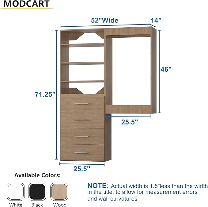 Modular Closet System, 52" Wide Closet Organizer System with Tower and Drawers, Wood Tower Closet Storage for Walk In Closets, Wall Mounted Wardrobe Organizer Kit System, Bedroom, Wood
