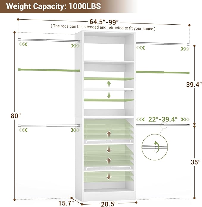 Unikito Closet System, 4-8Ft Wood Closet Organizer Starter Kit with Tower and 4 Extendable Hanging Rods, Walk-in Closet Organizer Wardrobe Clothes Rack with Adjustable Shelves, Garment Rack, White