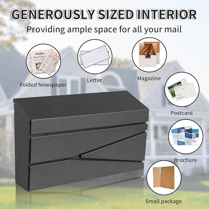 Wall Mount Mailbox, Large Capacity Mailbox for House, Galvanized Steel Rust-Proof Metal Post Box Drop， Mailboxes for Outside, 15.74"×9.84"×4.33", Black Modern Sleek Style