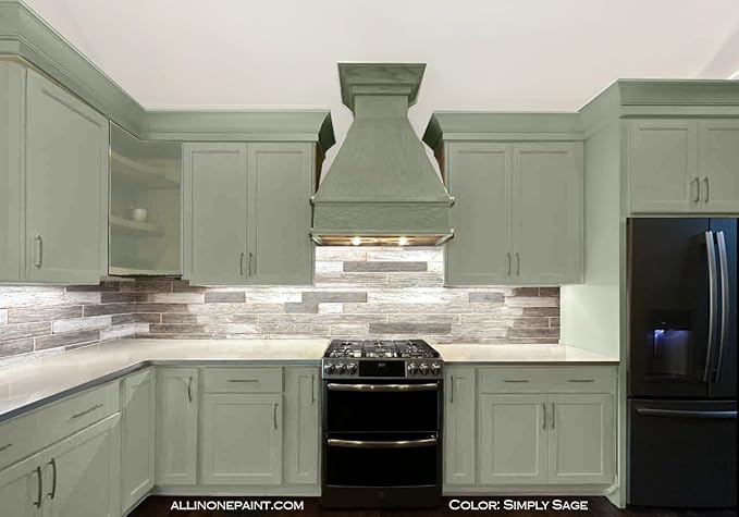 ALL-IN-ONE Paint, Durable cabinet and furniture paint. Built in primer and top coat, no sanding needed. Includes our 30 featured color card - Simply Sage (gray green), Gallon
