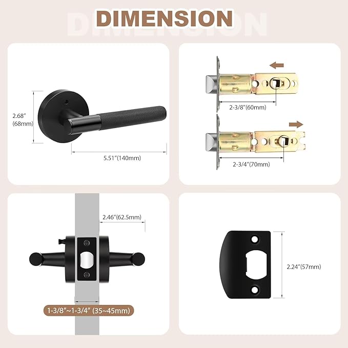 6 Pack Black Door Handles with Lock, Keyless Privacy Door Lever for Bedroom and Bathroom, Modern Knurled Reversible Handle Lever