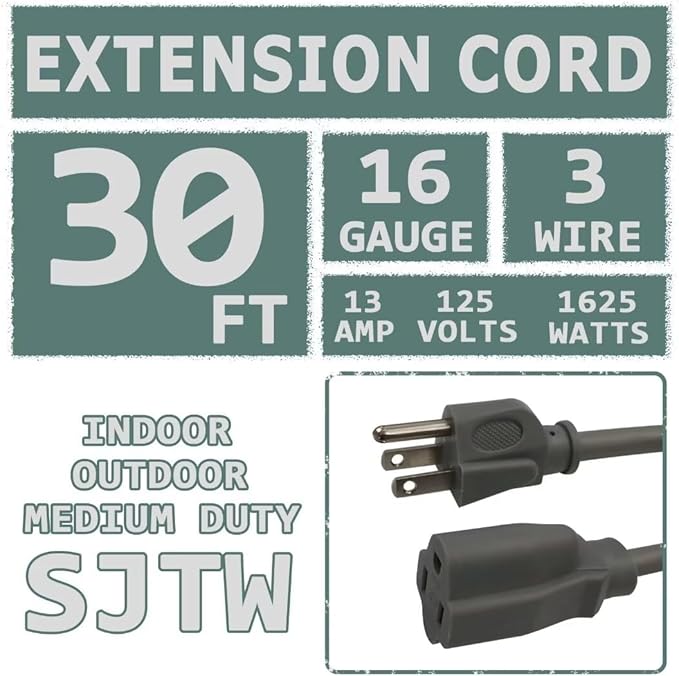 Indoor Outdoor Extension Cord 30 FT Waterproof, 16/3 Gauge Heavy Duty Gray Extension Cords, 13A 1625W SJTW Extension Cord with 3 Prong Grounded Plug, Great for Tools, Lights, UL Listed.