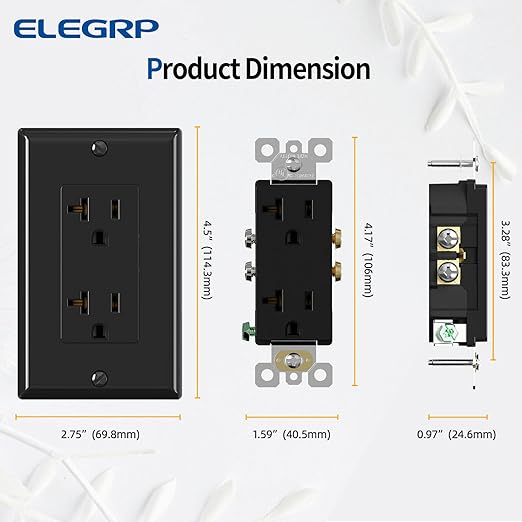 ELEGRP Glossy Black Decorator Electrical Wall Outlet Receptacle, 20A 125V Standard Outlets, 2 Pole 3 Wire, Non-Tamper Resistant, NEMA 5-20R, Self-Grounding, Wall Plate Included, UL Listed, 50 Pack