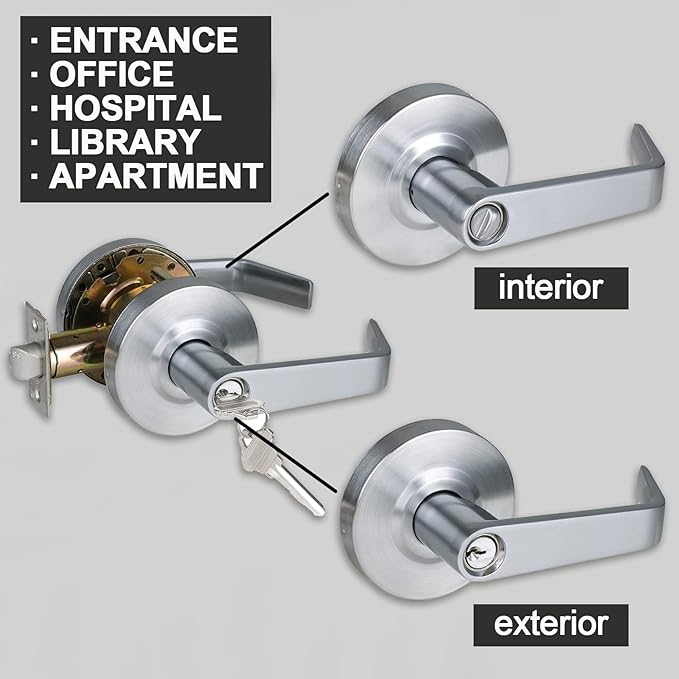 Keyed Entry Grade 2 Commercial Door Locks Heavy Duty Office Door Lever, Non-Handed, UL 3 Hour Fire Rated, ADA Compliant, Satin Chrome Finish 26D, 2-3/4''Backset X-XG-ET-70