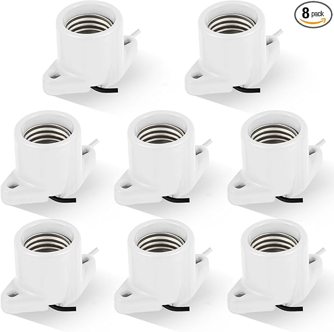 8 Pcs E26 Light Socket Porcelain Lamp Holder Socket Medium Keyless Threaded Base with Two Hole Flange Mounting and 6" Wire Indoor Garage Closet Lighting