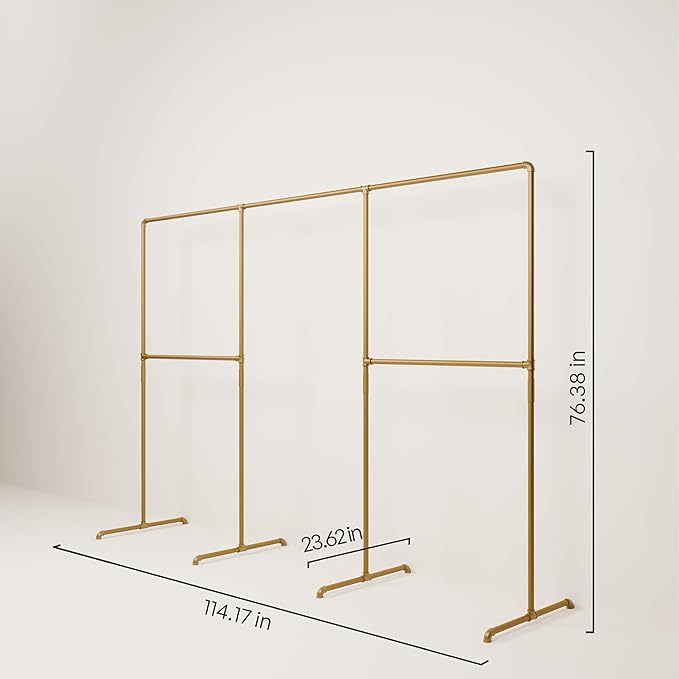 pamo Gold Clothing Rack – 114.17" W x 76.38" H – Industrial Pipe Metal Garment Organizer for Bedroom or Retail – Heavy-Duty Clothes Rack – Easy Assembly