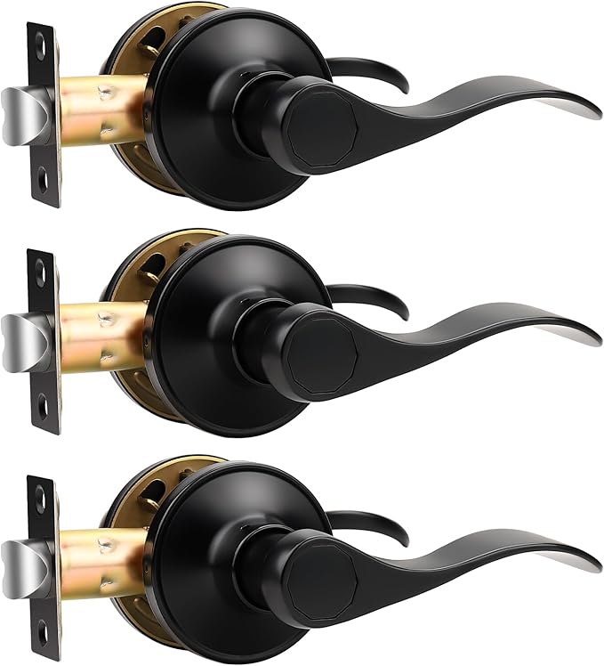 Knobonly 3 Pack Matte Black Pasage Door Levers Interior Door Handles for Hallyway andCloset Door Knobs Keyless Black Door Handles with Lock, Zinc Alloy Reversible for Right/Left
