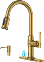 DAYONE Touchless Brushed Gold Kitchen Sink Faucets with Soap Dispenser, Pull Down Motion Sensor Hand-Free Single Handle Faucet for Kitchen Sink High Arc, DAY136TL-BTG