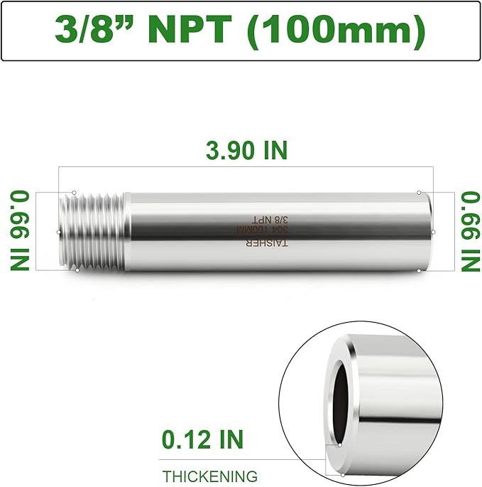 TAISHER 2PCS 304 Stainless Steel Pipe Fittings, 3/8" NPT Male Threaded, 4" Length Weld Nipple Cast Pipe