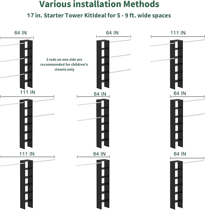 Closet System, 17" Wide Closet Organizer System with 3 Hanging Rods, Wood Tower Closet Storage for Walk In Closets, Wall Mounted Wardrobe Organizer Kit, Bedroom, Fits Spaces 5-9 ft, Black