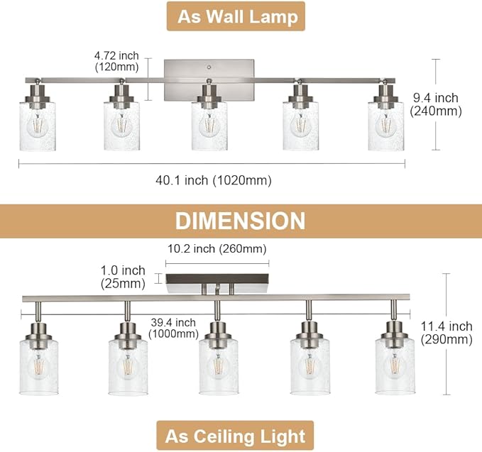 5-Light Track Lighting Kit, Bathroom Vanity Light Ceiling Spotlight in Brushed Nickel for Kitchen Shop, Seeded Glass Shades