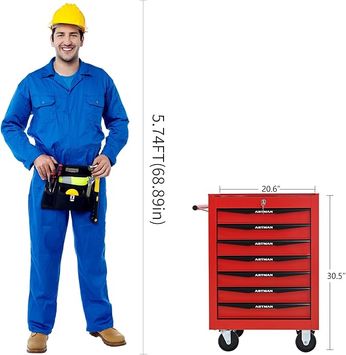 7-Drawer Steel Rolling Tool Cart with Wheels & Handle, Heavy-Duty Tool Chest Storage Cabinet for Garage and Workshop