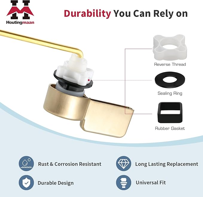 Houtingmaan Toilet Handle Replacement Kit,Toilet Handle Lever for Most Front Mount Toilets, Universal Brass Toliet Flush Handle Lever with Stainless Steel Flapper Chain,Gold