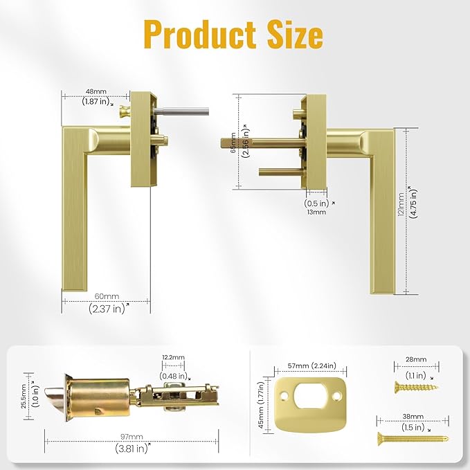 HOSOM Gold Door Handles Interior Brass Privacy Door Levers for Bedroom Bathroom Keyless Reversible Door Knob Lock for Left & Right Handled Doors, 6 Pack