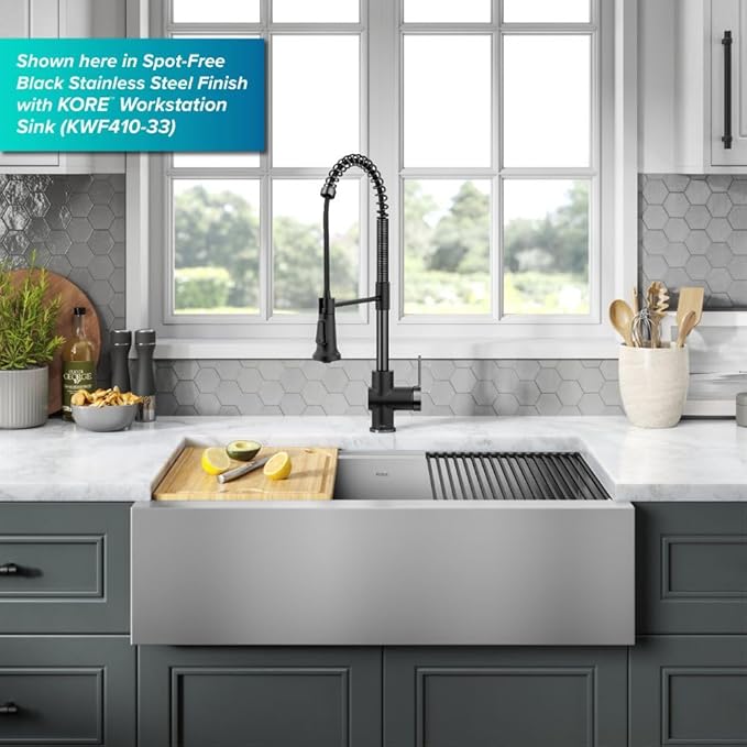 KRAUS Britt Commercial Style Single Handle Pull Down Kitchen Faucet in Spot-Free Stainless Steel/Matte Black, KPF-1691SFSMB