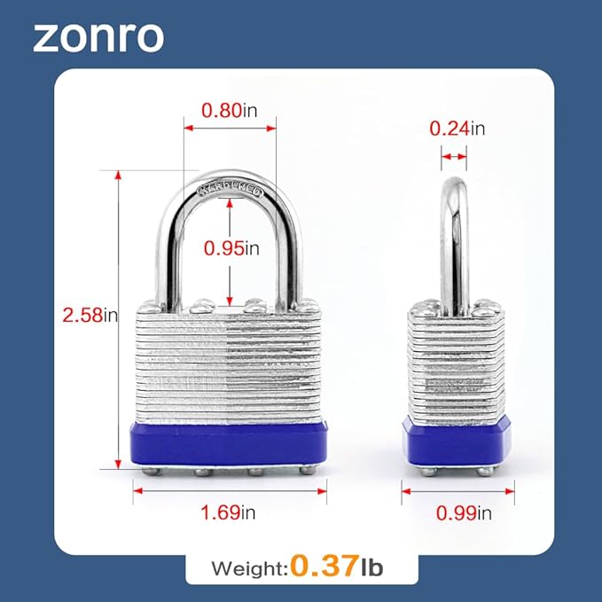 ZonRo Locks Laminated Steel Keyed Padlocks,Keyed Alike Locks, 1-9/16 inch Wide,Normal Shackle Padlocks, Pack of 12，Blue Hoop, for Hasp Latch, Sheds, Fences, Storage Locker, School, Gym…