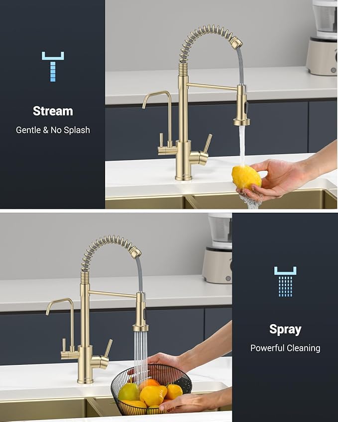 APPASO Gold Kitchen Faucet with Water Filter, Brushed Gold Kitchen Sink Faucet, 3 in 1 Kitchen Faucet (Without Water Filtration Device)