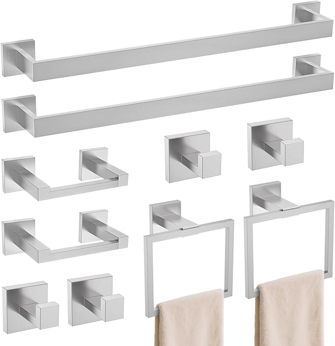 TURS 10-Piece Bathroom Hardware Accessories Set Brushed Nickel Towel Bar Holder Set SUS304 Stainless Steel Towel Racks for Bathroom Wall Mounted, 23.6-Inch