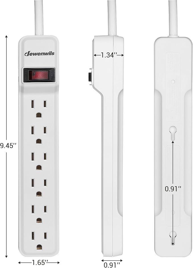 DEWENWILS 2-Pack 6-Outlet Power Strip Surge Protector with 6Ft Long Extension Cord, Low Profile Flat Plug, 15 Amp Circuit Breaker, 500 Joules, Wall Mount, White, UL Listed