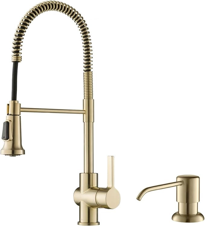 KRAUS Britt Commercial Style Spot Free Antiqued Champagne Bronze Pre-Rinse Kitchen Faucet with Deck Plate and Soap Dispenser, KPF-1690-KSD-53SFACB