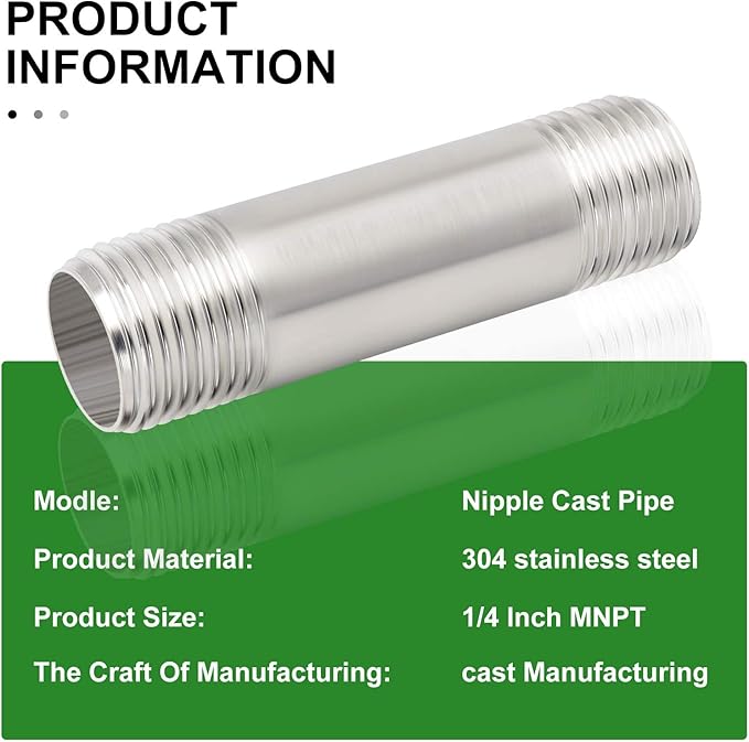 TAISHER 2Pcs Stainless Steel Pipe Fittings, 1/4" NPT x 1/4" NPT Male Threaded, 2" Length Nipple Cast Pipe