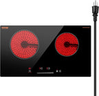 VEVOR Electric Radiant Cooktop, 24in 2 Burners Built-in Electric Stove Top, 1800W Ceramic Top Cooktop with Glass Panel, Touch Control, 9 Heat Level, Residual Heat Indicator,Timer, Child Lock, 120V