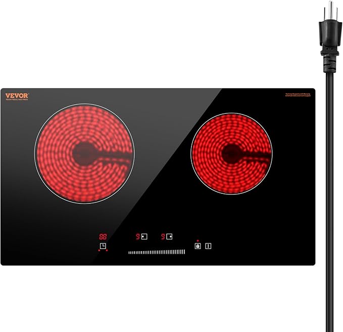 VEVOR Electric Radiant Cooktop, 24in 2 Burners Built-in Electric Stove Top, 1800W Ceramic Top Cooktop with Glass Panel, Touch Control, 9 Heat Level, Residual Heat Indicator,Timer, Child Lock, 120V