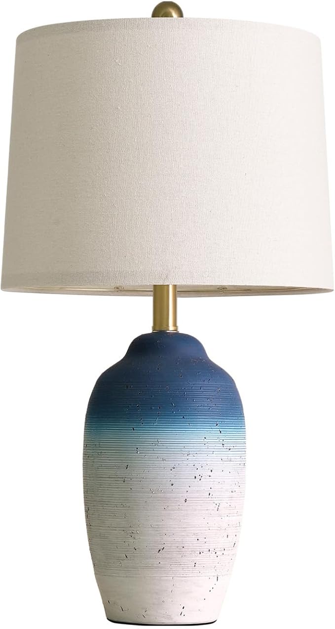 24.5" Vintage Ceramic Table Lamp - Single Farmhouse Rustic Bedside Lamp with Natural Textured Finish, Nightstand Lamps for Living Room, Bedroom, End Table, Office White and Blue