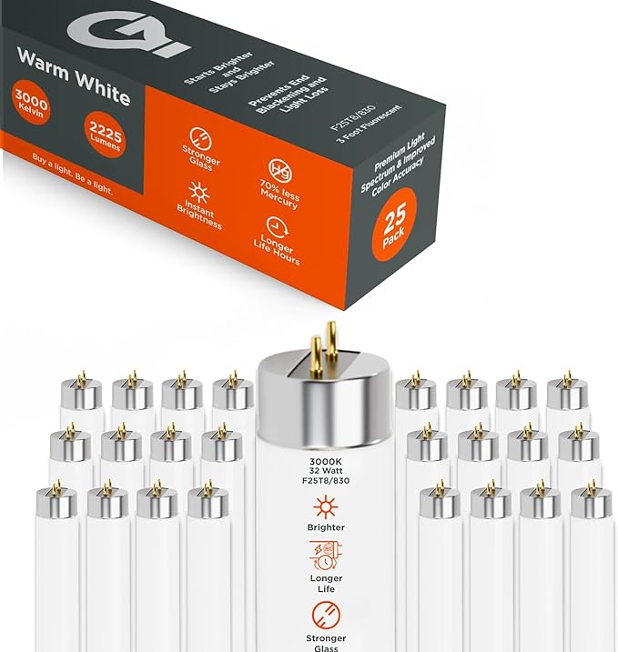GoodBulb 25W 36 Inch T8 Fluorescent Light Bulb 3000K Warm White Light Medium Bi-Pin Base 2225 Lumens 86 CRI 36000 Life Hours Instant/Programmed Start 25 Bulbs Pack