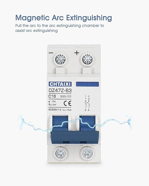 DC Miniature Circuit Breaker, 2 Pole 500V 16 Amp Isolator for Solar PV System, Thermal Magnetic Trip, DIN Rail Mount, Chtaixi DC Disconnect Switch C16