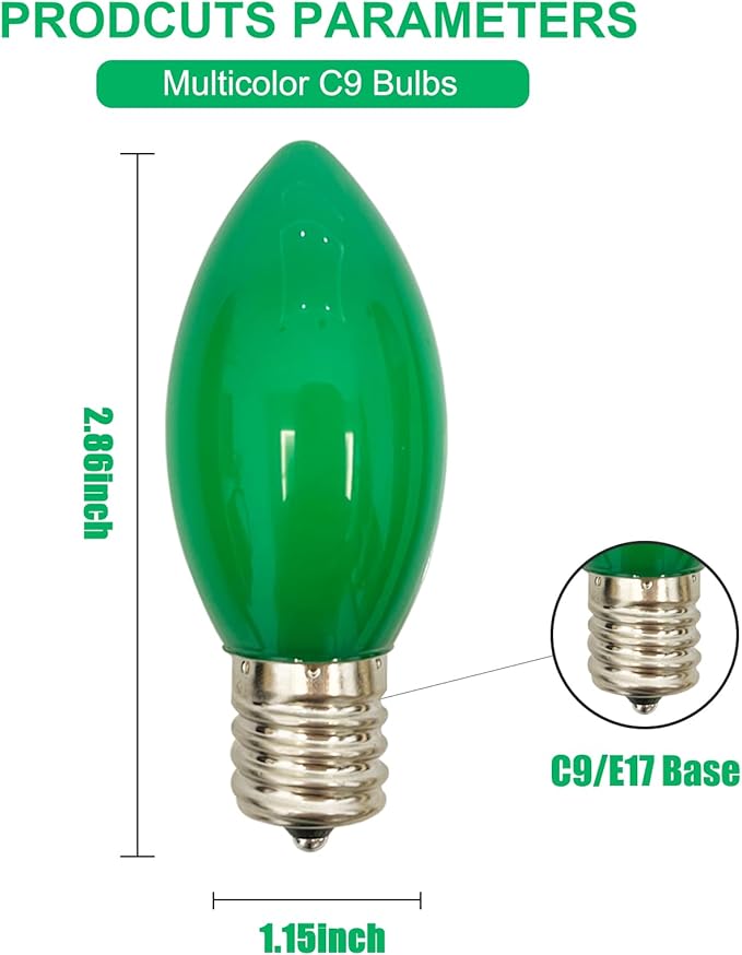 25 Pack C9 Christmas Replacement Bulbs, Green Christmas Bulbs Vintage Ceramic Incandescent Light for Indoor Outdoor Patio Xmas Party String Lights, 7W Night Light, C9/E17 Intermediate Base