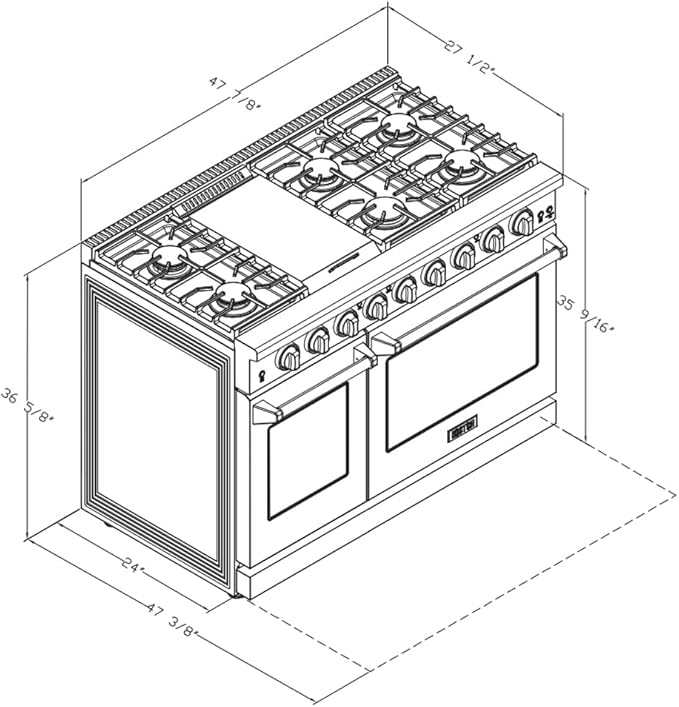 48 Inch Pro-Style Propane Gas Range with 6 Burners & 1 Griddle Cooktop, Double 4.6 cu. ft. and 2.2 cu. ft. Oven, in Stainless Steel - KOS-48RG03MLP (Red)