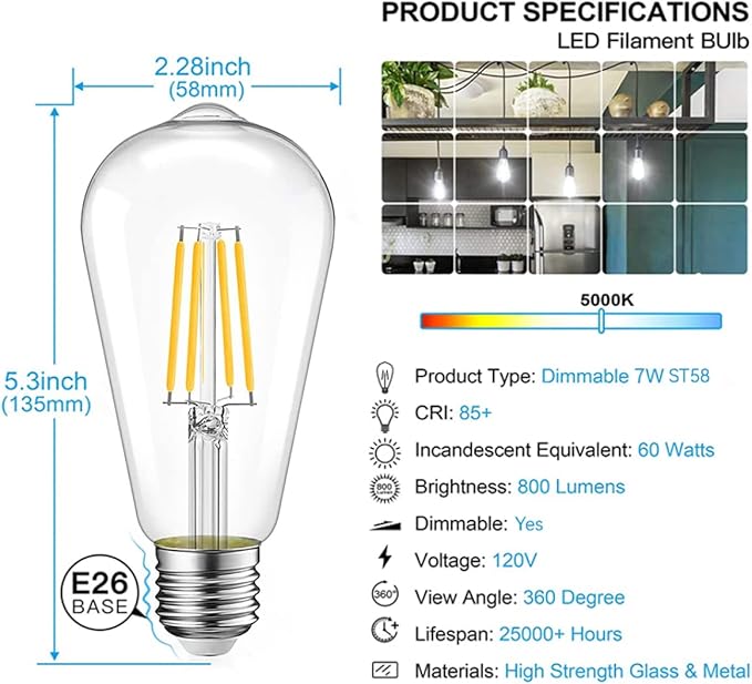 Jensense Edison LED Light Bulbs E26 Bulb 60 watt Equivalent Dimmable Light Bulbs 5000K Daylight Cool White Vintage 7W Edison Bulbs 110V 120V 800 Lumen CRI90, 1 Pack