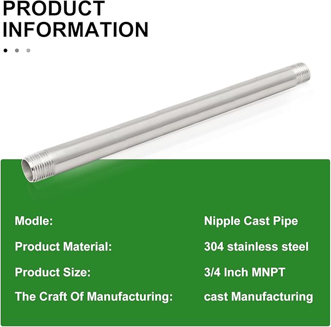 TAISHER 2Pcs Stainless Steel Pipe Fittings, 3/4" NPT x 3/4" NPT Male Threaded, 12" Length Nipple Cast Pipe