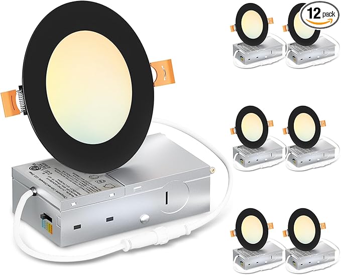LVWIT Ultra-Thin Recessed Lighting 4 Inch with Junction Box, 800LM 2700K-5000K 5CCT LED Ceiling Lights, Dimmable Canless Wafer Downlight, ETL,FCC&IC, Smooth Trim, 6 Pack Black