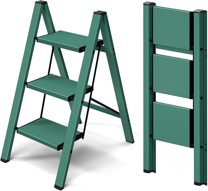 Taranta 3 Step Ladder,Aluminum Lightweight Folding 3 Step Stool with Anti-Slip Wide Pedal,330lbs Capacity Step Ladder for Household,Kitchen,Office - Green