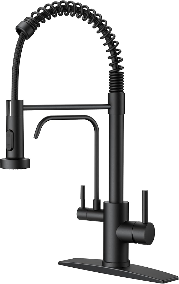 FORIOUS Black Kitchen Faucet with Purfied Water Filter, 2 in 1 Commercial Stainless Steel Pull Down Sink Faucet and Drinking Water Faucet 2 Handle for Pot Filler Kitchen Sink Farmhouse Bar