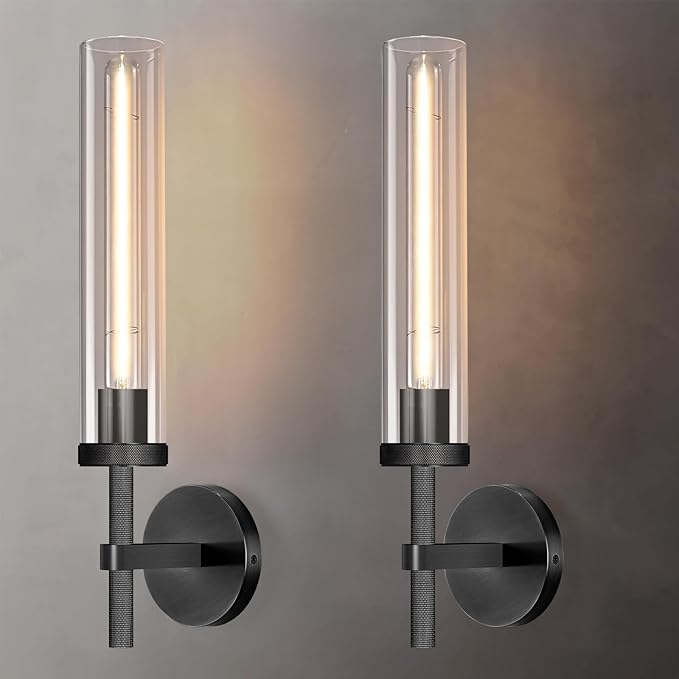 Modern Black Hardwired Wall Sconces 2 Pack, 21'' Knurled Bathroom Wall Sconce, Indoor Wall Sconce,Copper and Glass Vanity Light, for Living, Bedroom, Hallway, Staircases, Include Bulbs