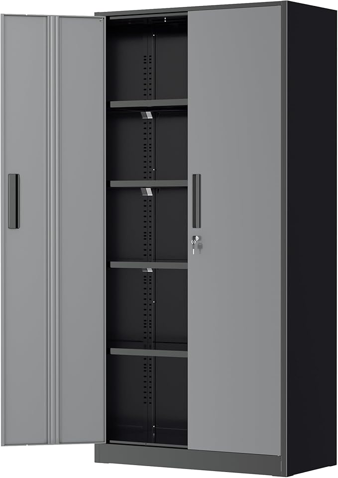 Greenvelly Metal Garage Storage Cabinet, 72" Black Gray Tool Steel Locking Cabinet with Doors and 4 Shelves, Tall Cabinets for Garage Storage Systems Lockable File Cabinet for Home Office,Garage