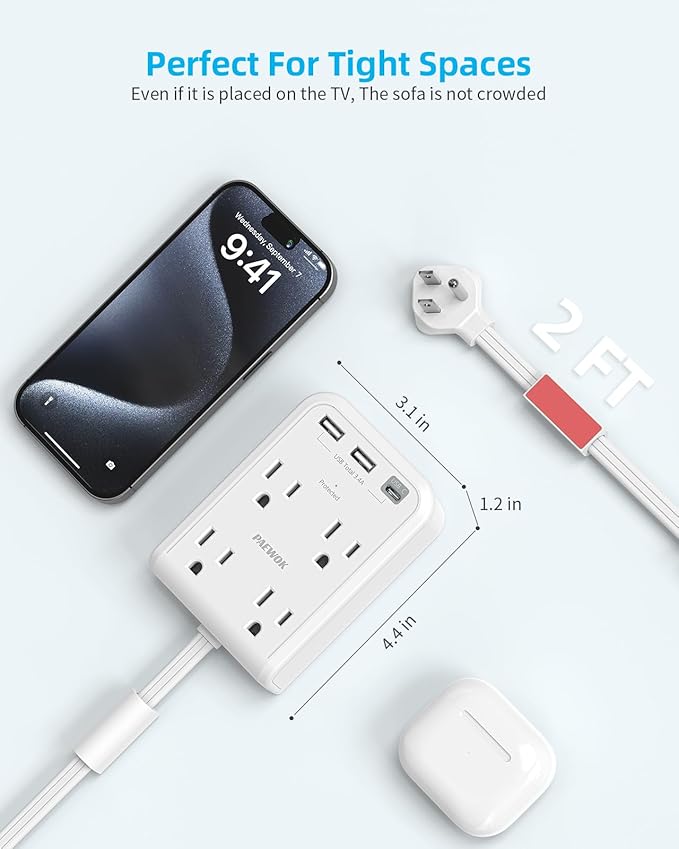 Short Power Strip 2FT - Flat Wall Extension Cord with 4AC Outlet and 3 USB Ports(1 Type C), Multi Plug Outlet Extender Small Surge Protector for Home Office Dorm, White
