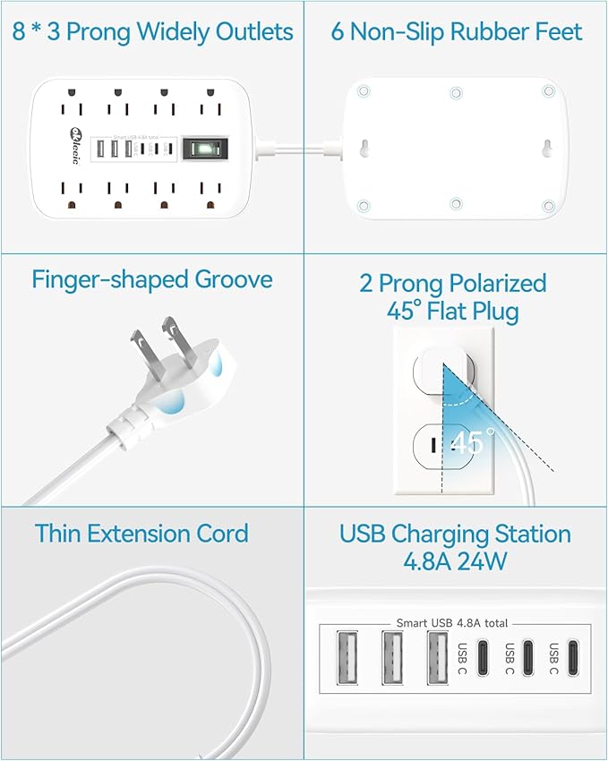 Short Extension Cord 1 ft - 2 Prong Power Strip 1700J Appliance Surge Protetor with 15A 8 Outlets 6 USB (5V/4.8A 24W) Charging Ports, Multi Plug Wall Outlet Extender for Home Office Dorm Roomc, White