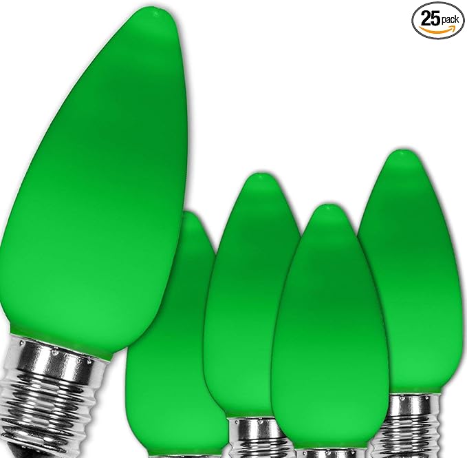 Wintergreen Lighting 25 Pack OptiCore C9 LED Green Light Bulbs - E17 Replacement Christmas Light Bulbs, St. Patrick’s Day Lights, Christmas Lights Premium Ceramic Style (Green Smooth)