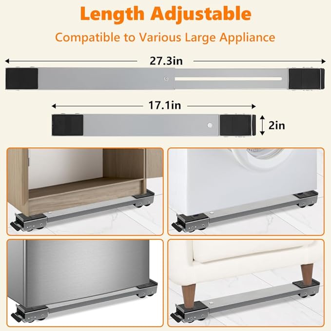 LUCKUP Heavy Duty Appliance Rollers, Extendable Washing Machine Stand Furniture Rollers Mobile Fridge Base Furniture Sliders for Refrigerators Washer and Dryer Support 660 lbs, Silver