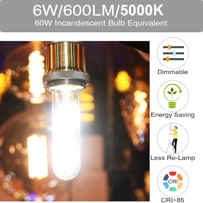 E26 Led Bulb 60 Watt Dimmable Edison Led Tube Bulbs 5000k Cool White Incandescent Tubular Light Bulb 6W Equivalent Clear Glass E26 Base Lamp Bulb for Display Cabinet Showcase Piano,6 Pack
